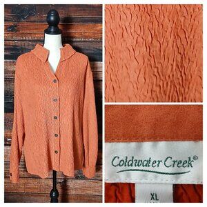 Coldwater Creek Blouse Top XL Faux Suede Crinkle Button Up Terracotta Clay